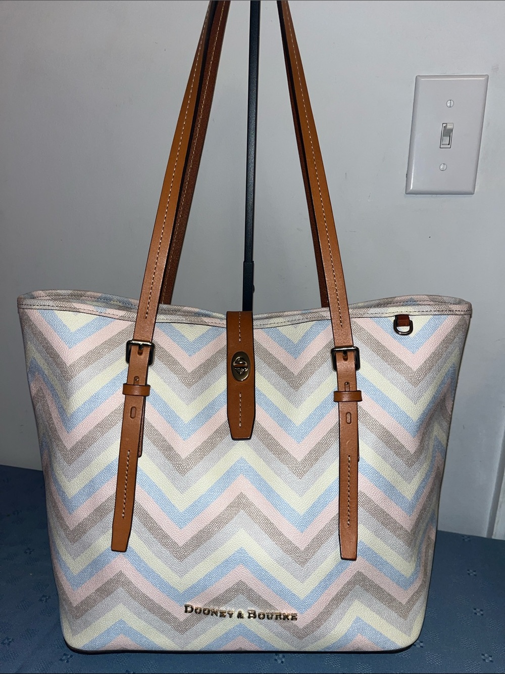 Dooney & Bourke Pastel Chevron Tote Bag with Tan Leather Straps